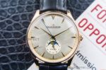 Perfect Replica Jaeger LeCoultre White Moonphase Face Gold Bezel Leather Strap 41mm Watch
